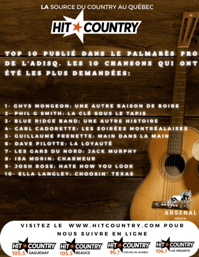 Voici le TOP 10 publié dans le Palmarès Pro de l’Adisq. Les 10 chansons qui ont été les plus demandées: